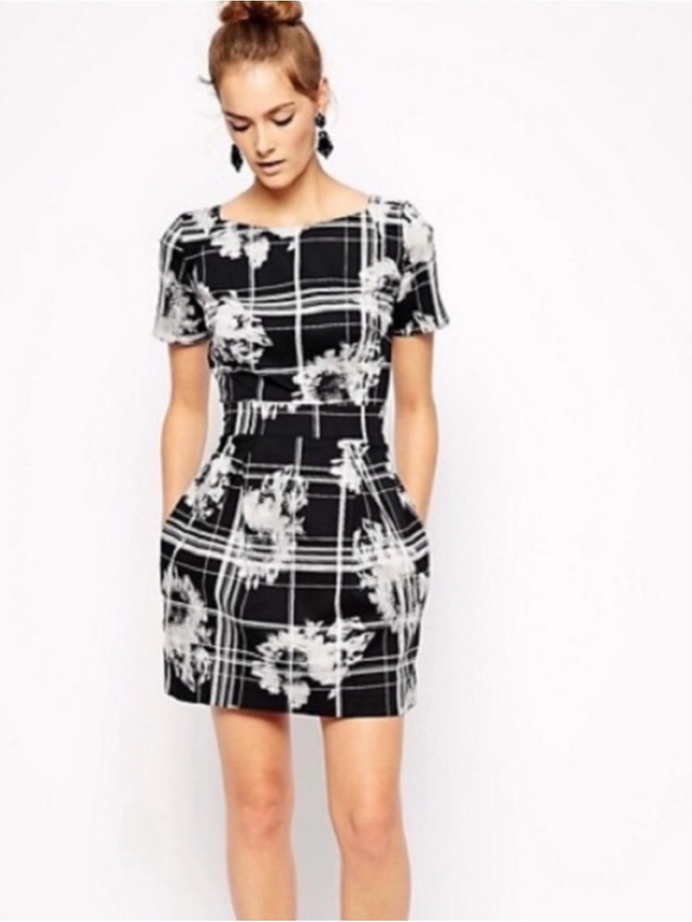 French Connection Black and White Plaid Floral Mini Dress